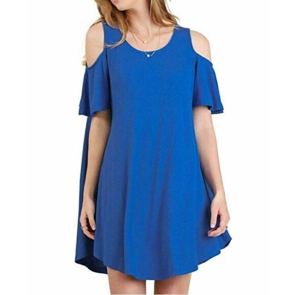 Umgee Royal Blue Cold Shoulder Boho Swing‎ Flowy Tunic Mini Dress Size Small - Picture 1 of 9